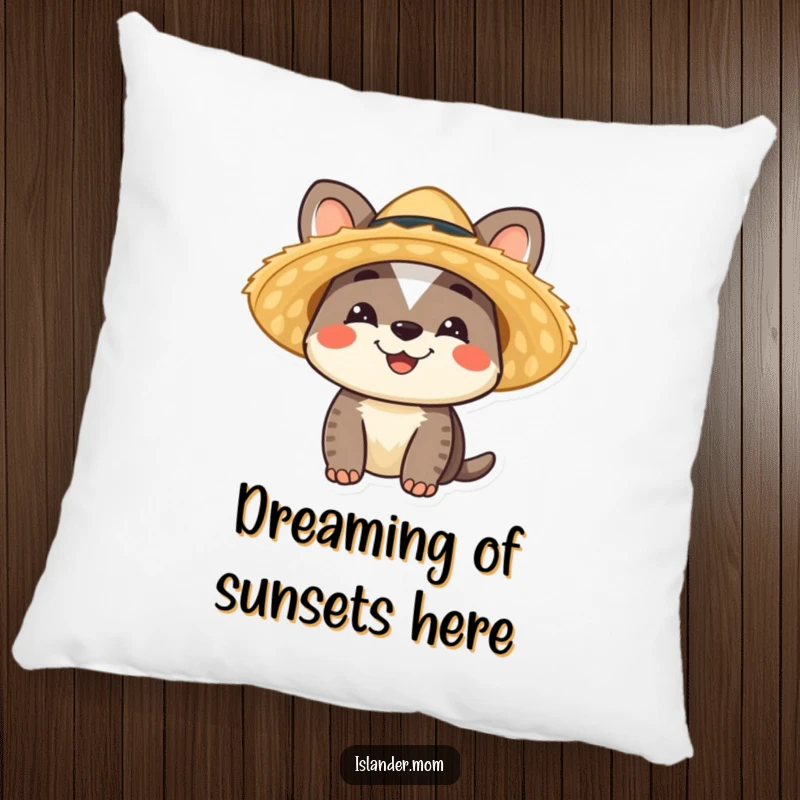 Funny Islander Animal Pillow with a smiling character in a straw hat, offering tropical comfort, an ideal funny gift.