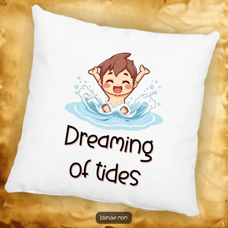 Funny Pillow featuring an islander character joyfully splashing in gentle ocean waves, adding a soft, coastal touch.