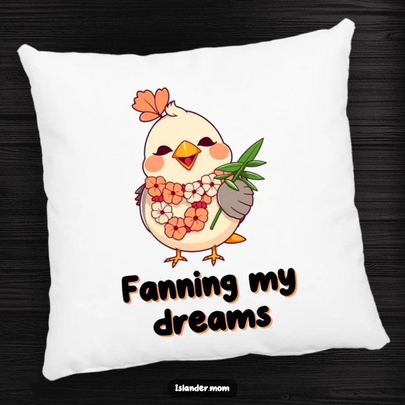 Funny Mama Bird Pillow: A round mama bird in a lei joyfully fans herself with a palm leaf for cool comfort.