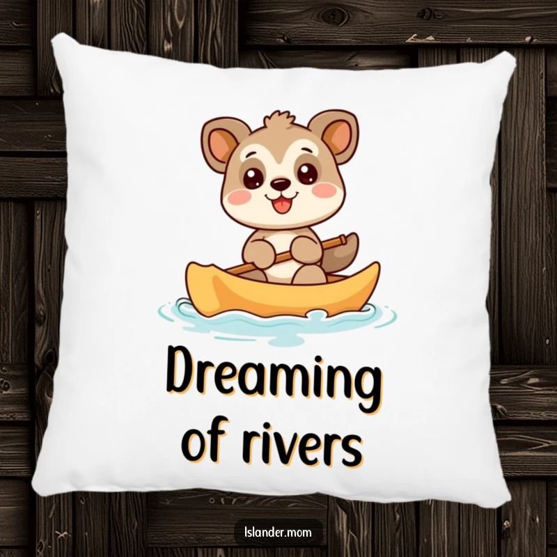 Funny animal character paddling a canoe with a wide, happy smile, a soft and humorous pillow for ultimate relaxation and decor.