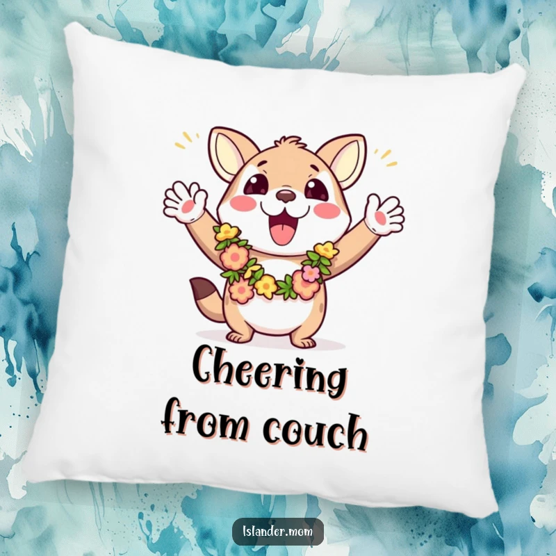 Funny pillow featuring an excited animal wearing leis, waving arms, radiating warmth, comfort, and pure celebratory joy.