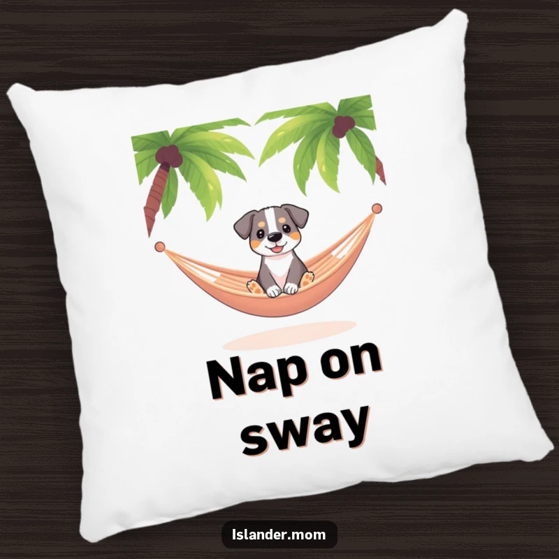 Funny dog sitting in a hammock swaying gently between palm trees, cozy relaxation pillow, tropical canine comfort.