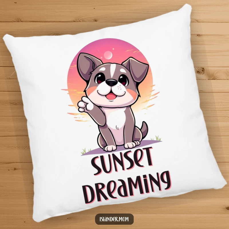 Funny dog looking towards a vibrant sunset with eyes full of wonder, cozy canine pillow, relaxing home decor.
