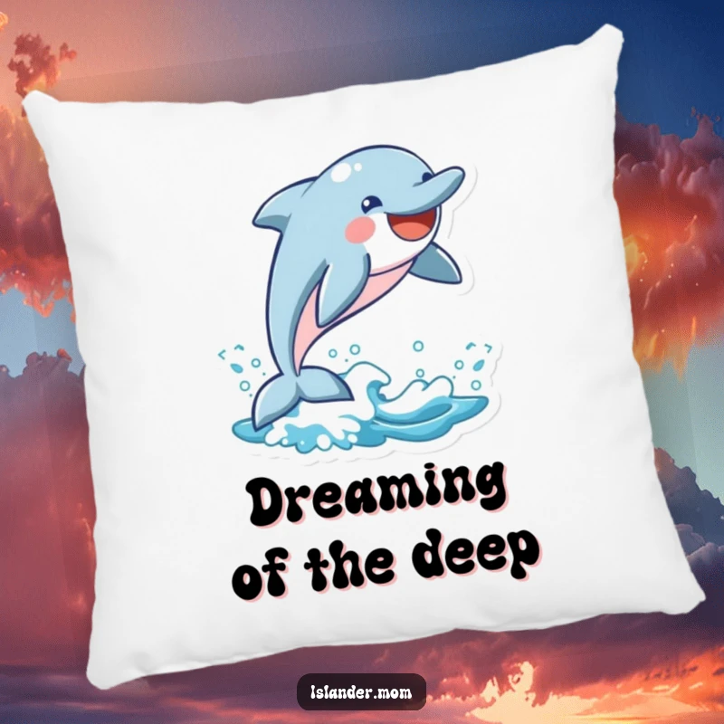 Funny Dolphin Pillow: A smiling dolphin is depicted mid-leap from a wave, offering a soft and funny decorative touch.