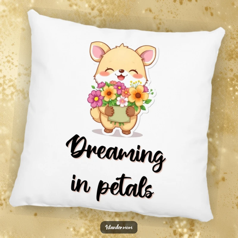 Funny animal character giggling and holding a bouquet of flowers, a soft and humorous pillow that brings comfort and smiles.