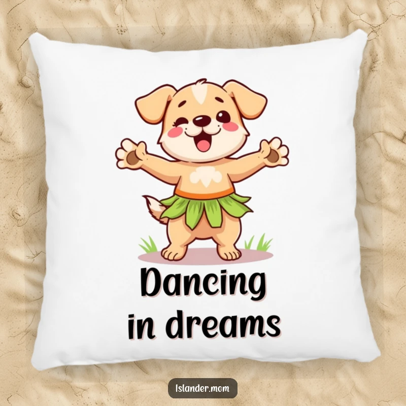 Funny hula dog pillow featuring a dancing dog in a grass skirt, adding comfort and tropical humor to any couch.