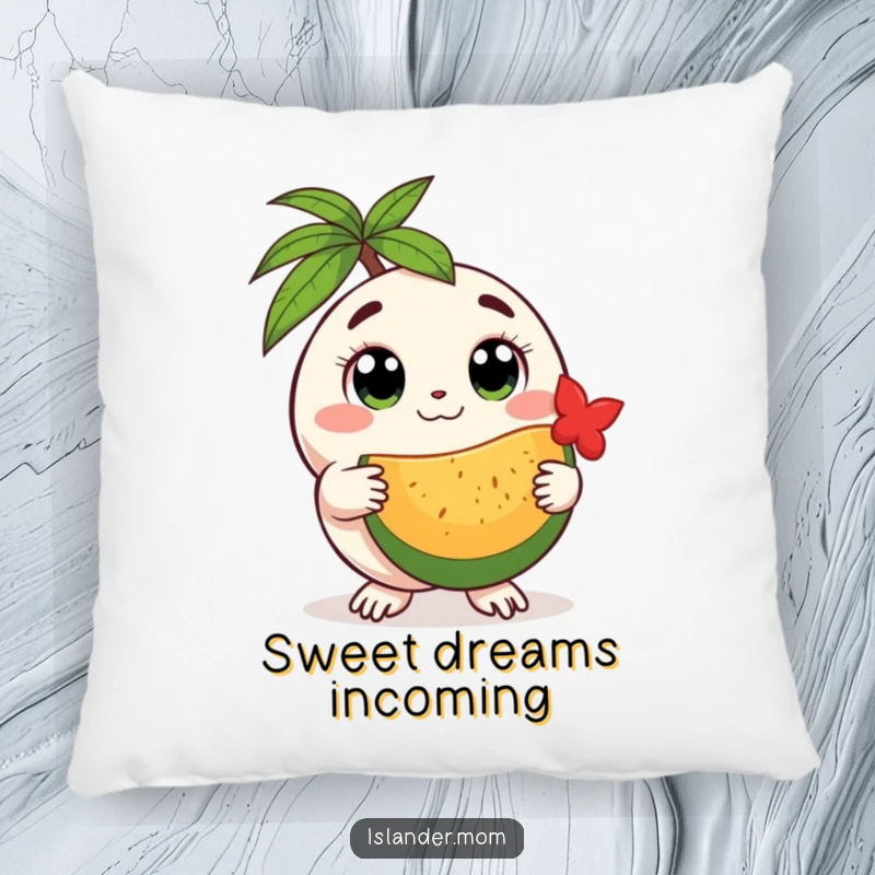 Funny round island creature pillow, featuring a creature with gentle eyes offering fruit, adding heartwarming humor to furniture.