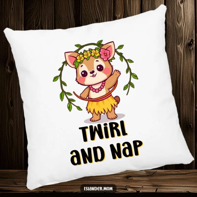 Funny Pillow: Adorable kawaii islander animal character playfully twirling a vine hula hoop, bringing softness and funny tropical vibes.