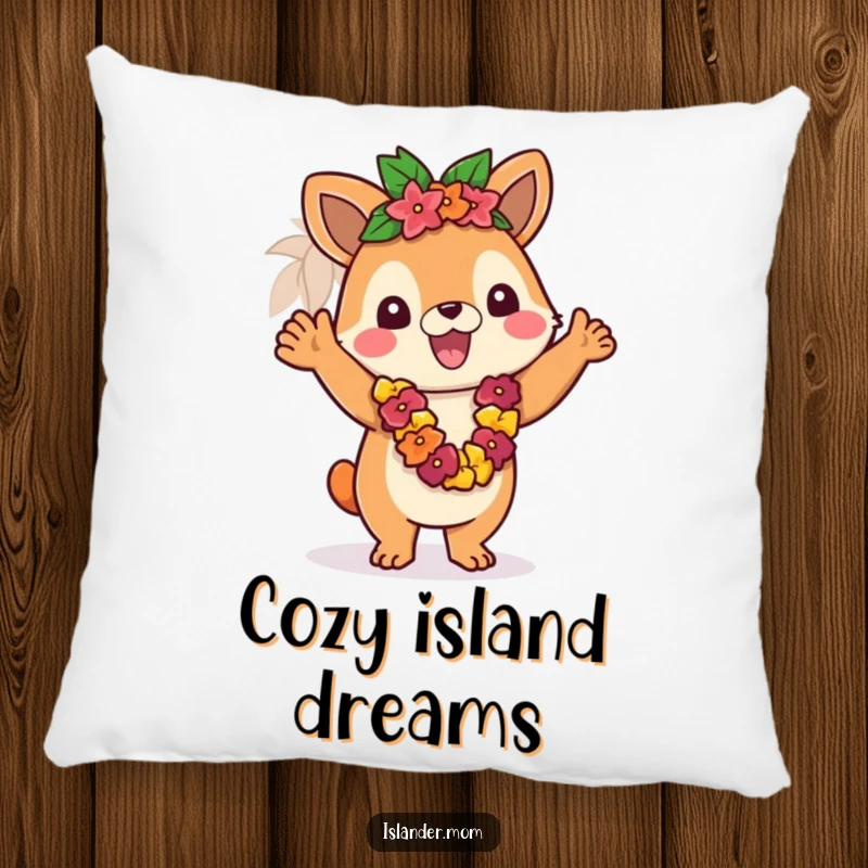 Funny pillow with an islander animal character waving a lei, offering comfort and a warm, tropical welcome.