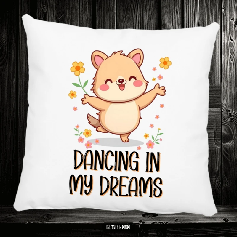 Funny Pillow: Soft cushion with a kawaii islander animal dancing energetically among flowers, bringing playful and humorous comfort.