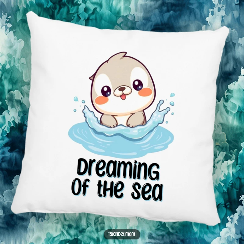 Funny pillow with a cute kawaii islander animal joyfully splashing in calm, twinkling ocean waves.