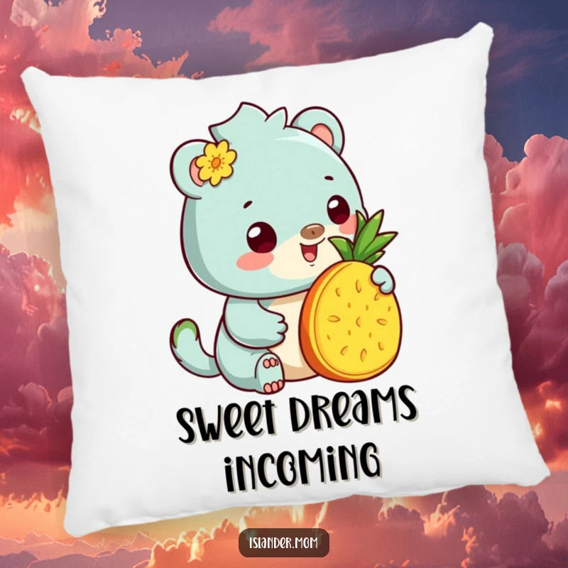 Funny Pillow: Soft cushion with a kawaii islander animal offering pineapple, bringing tropical warmth and humorous comfort.