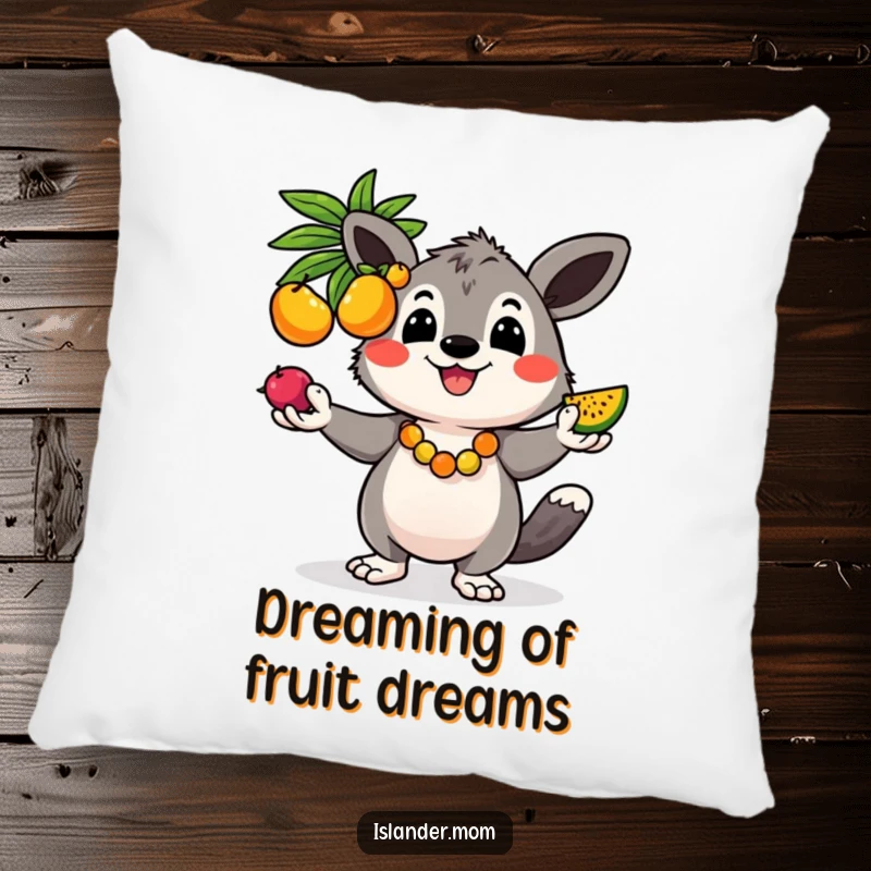 Funny pillow with a cheerful kawaii islander animal juggling colorful fruits, offering comfort and tropical humor.