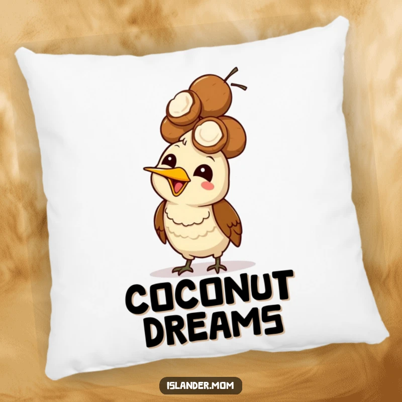 Funny Mama Bird Coconut Head Pillow: A mama bird giggles while balancing a pile of coconuts on its head.