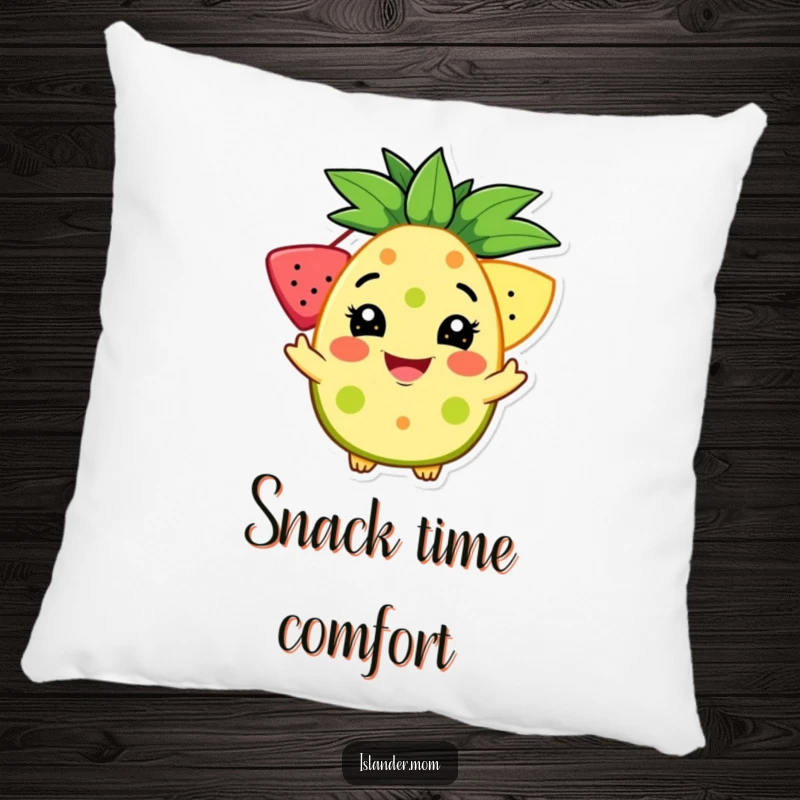 Funny pillow featuring a grinning character offering a tropical fruit, providing a cozy and welcoming touch with a humorous flair.