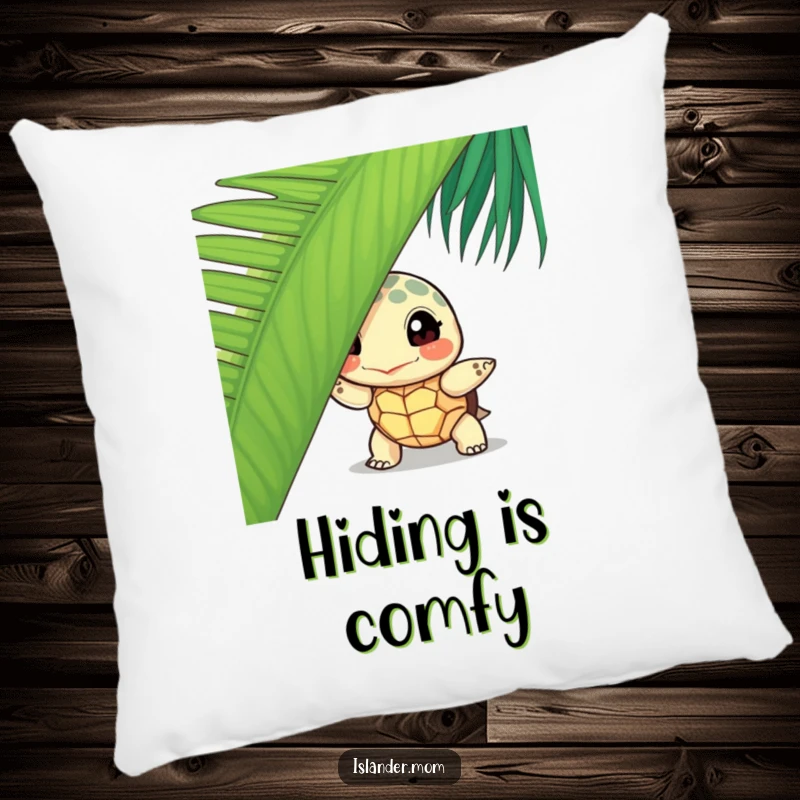 Funny curious turtle pillow, featuring a turtle peeking from behind a palm leaf, adding a touch of island humor to decor.
