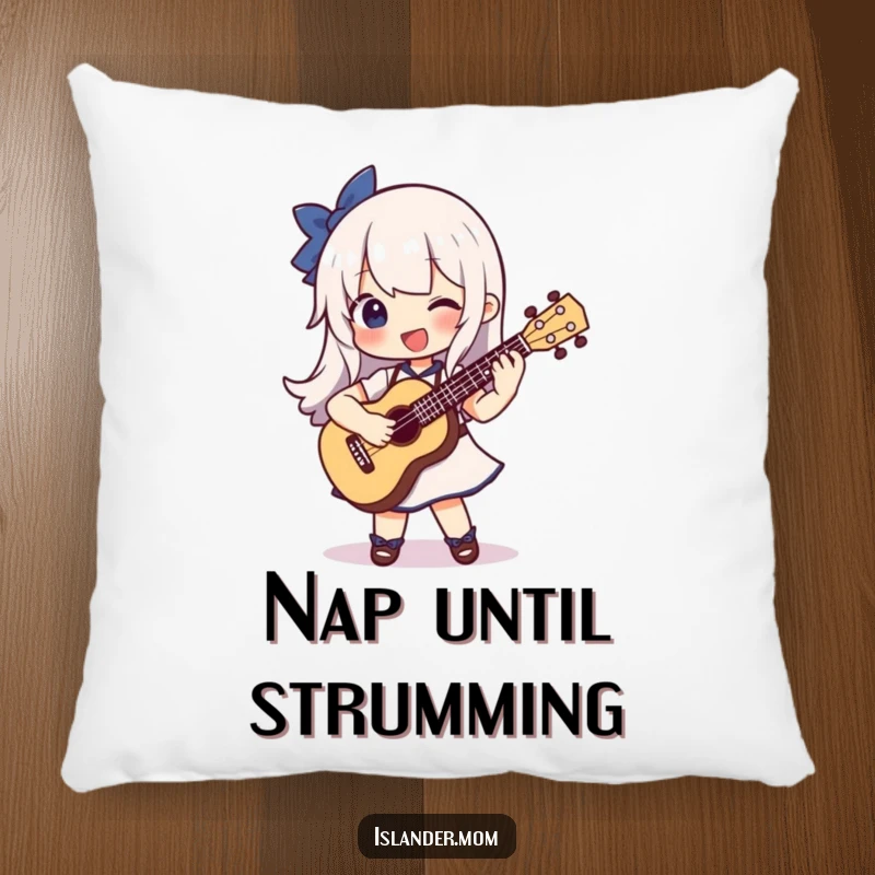 Funny pillow featuring a character blissfully strumming a ukulele, adding comfort and musical joy to any space.
