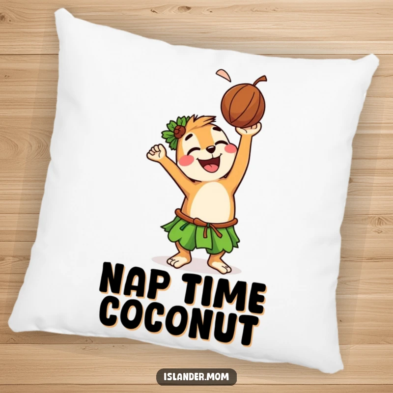 Funny pillow featuring a happy islander animal character joyfully tossing a coconut overhead with a wide grin, perfect for cozying up.
