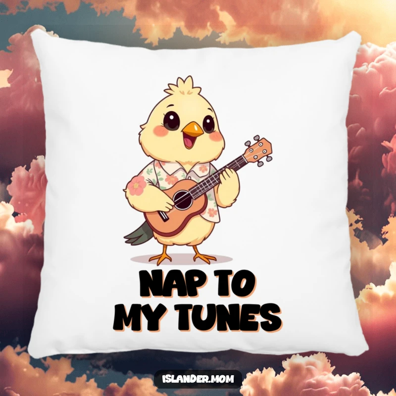 Funny Mama Bird Pillow: A mama bird wearing a floral shirt joyfully strums a small ukulele.
