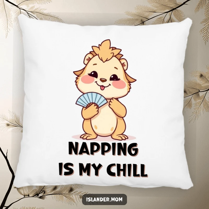 Funny pillow with a happy islander mom animal fanning herself, offering a soft and humorous tropical decoration.