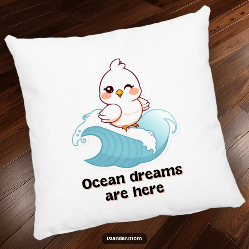 Funny mama bird winking and riding a wave on a pillow. Soft, humorous home decor, an ideal funny gift for bird fans.