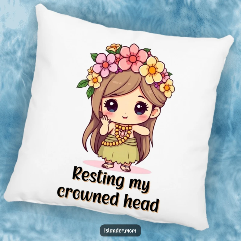 Funny kawaii islander character relaxing on a plush pillow, focused on weaving a delicate flower crown, embodying creative passion.