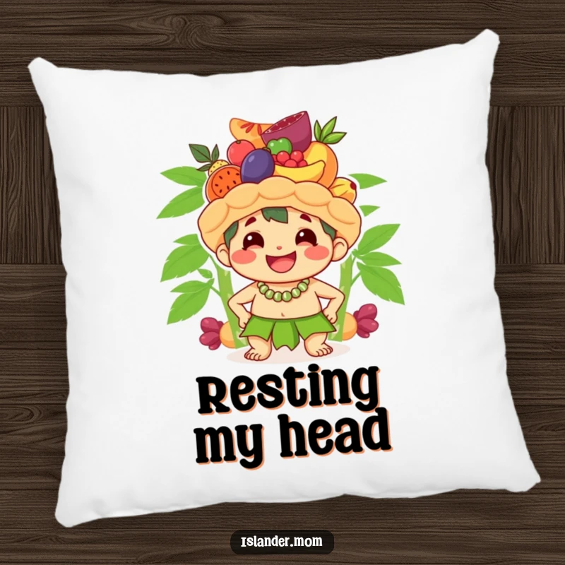 Funny pillow with a cute islander character smiling broadly while balancing a stack of fruit on its head, offering comfort and island humor.
