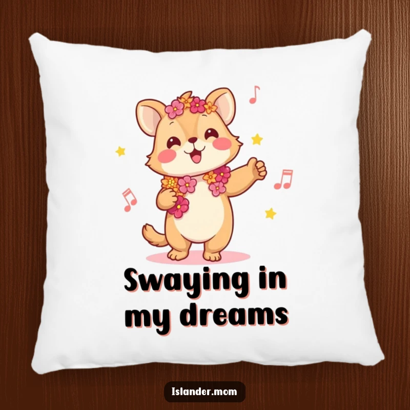 Funny pillow with a joyful kawaii islander animal wearing a lei, swaying to music, offering comfort and tropical humor.