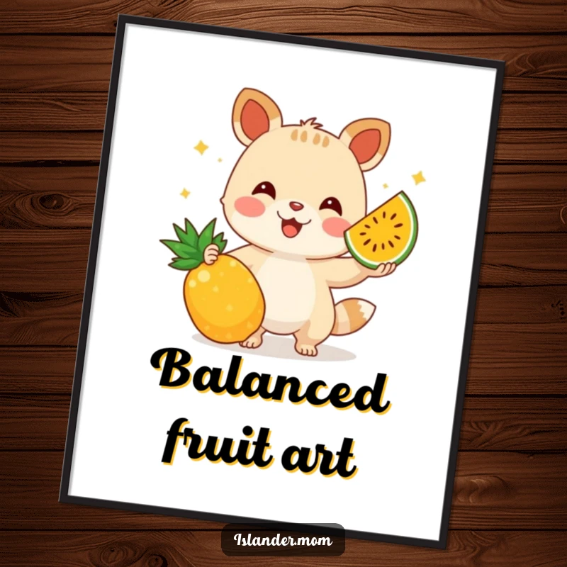 Funny digital art print of a happy animal character masterfully juggling tropical fruits, capturing a moment of pure, delightful skill.