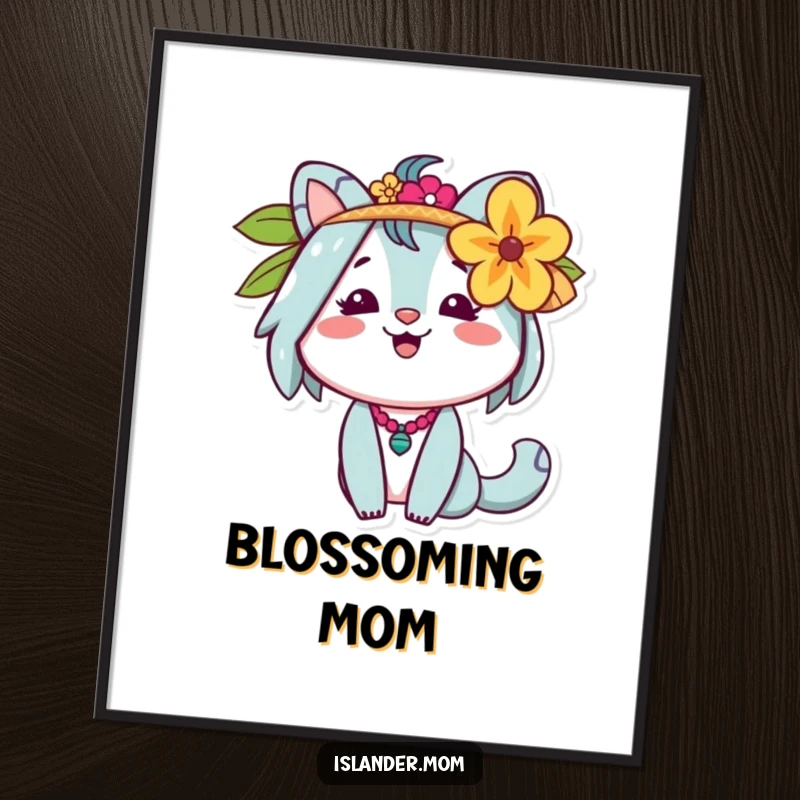 Funny Islander Mom Digital Art Print of a cheerful animal mom with a flower behind her ear, for instant tropical decor.