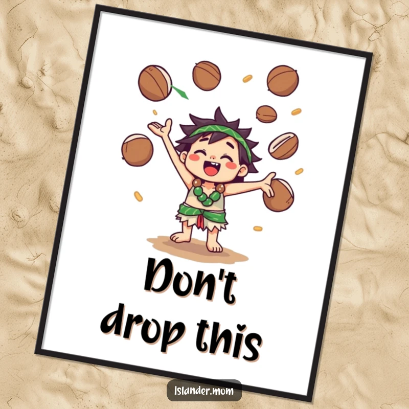 Funny Digital Art Print: A kawaii islander character joyfully juggles coconuts, capturing a moment of pure island fun and energy.