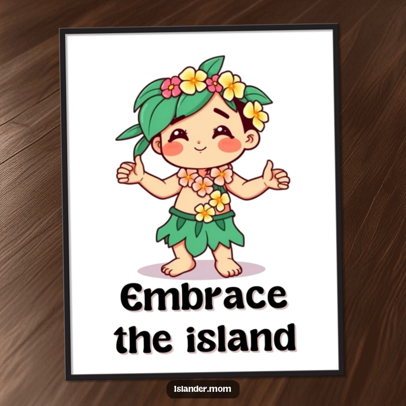 Funny Kawaii islander digital art print of a character with a flower lei, dancing joyfully, hands free.
