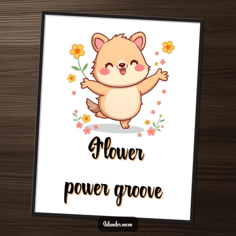 Funny Digital Art Print: High-resolution artwork of a kawaii islander animal dancing energetically among flowers, adding vibrant humor to decor.