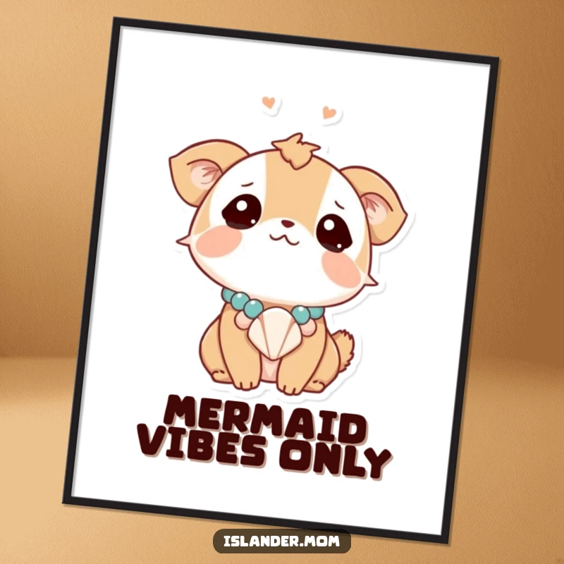 Funny animal character looking dreamily upwards, wearing a seashell necklace, a humorous digital art print for instant wall decor.