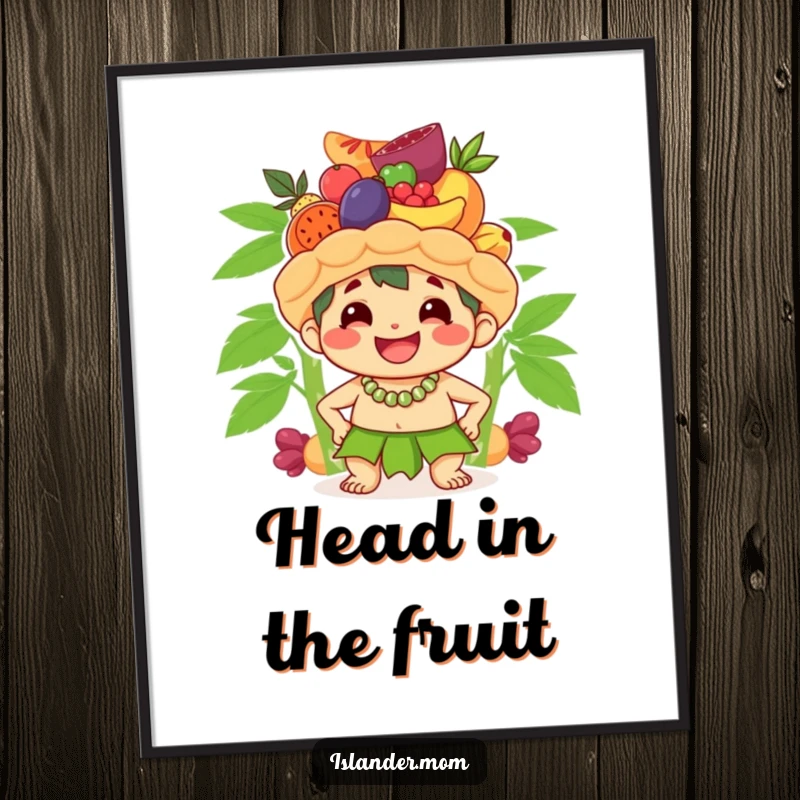 Funny digital art print of a cute islander character smiling broadly while balancing a stack of fruit on its head, bringing island humor.