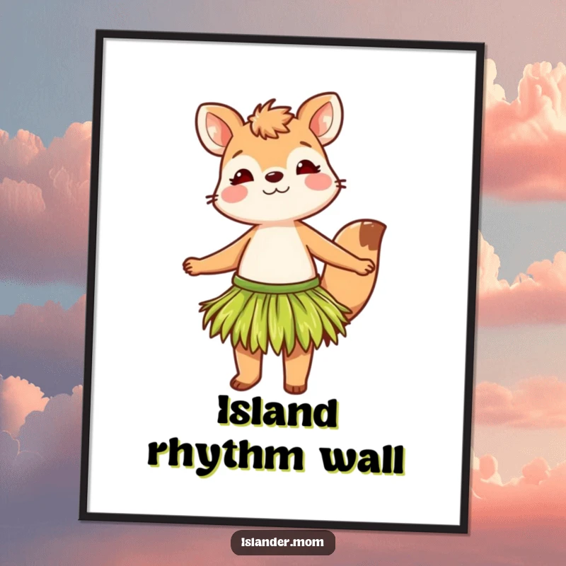 Funny digital art print of a grass skirt animal character dancing energetically, capturing the boundless spirit of a tropical celebration.