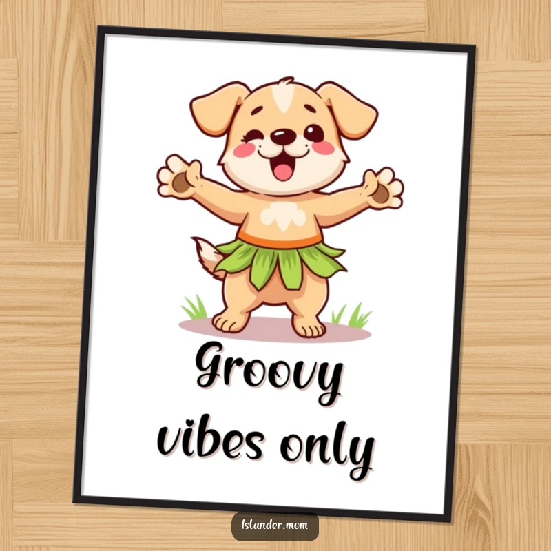 Funny hula dog digital art print showing a dancing dog in a grass skirt, perfect for instant tropical wall decor.