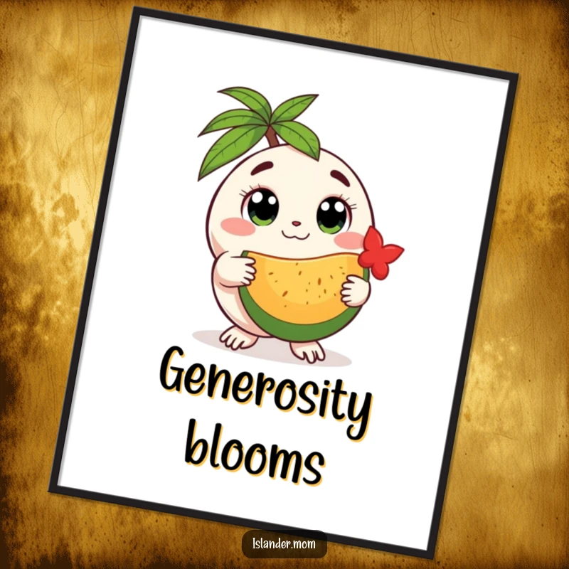 Funny round island creature digital art print, featuring a creature with gentle eyes offering a tropical fruit, perfect for instant heartwarming decor.