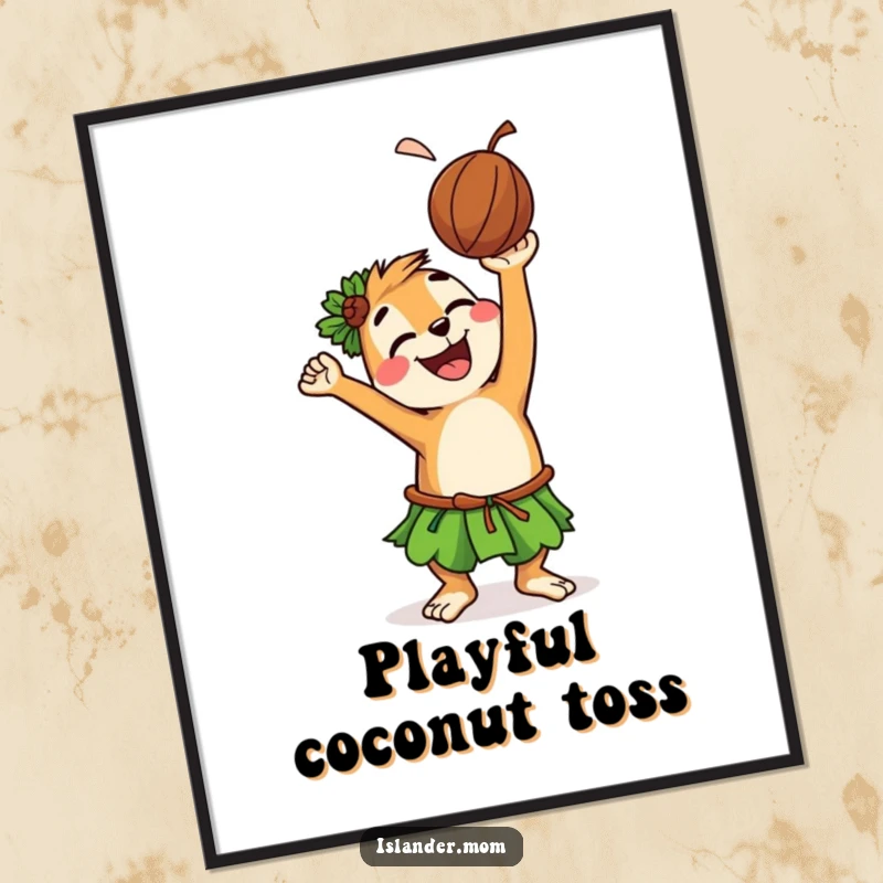 Funny digital art of a grinning islander animal character playfully tossing a coconut, capturing the lively and carefree spirit of island fun.