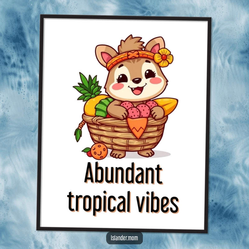 Funny digital art of a smiling islander animal character holding a woven basket overflowing with lush tropical fruits, capturing the essence of island joy.