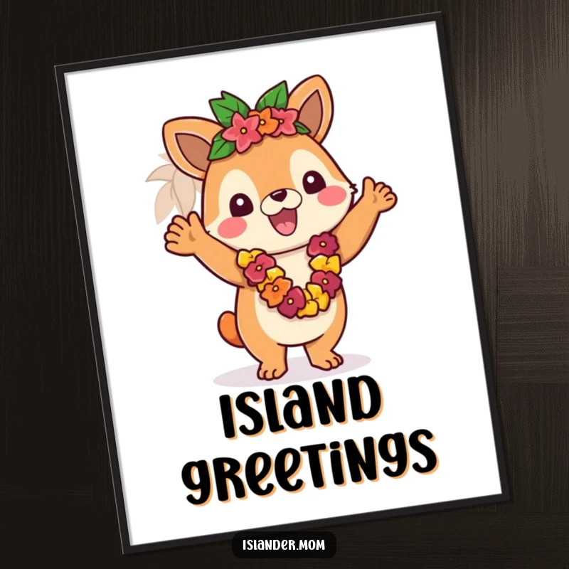Funny digital art print of an islander animal character waving a lei, creating a warm and inviting tropical scene.