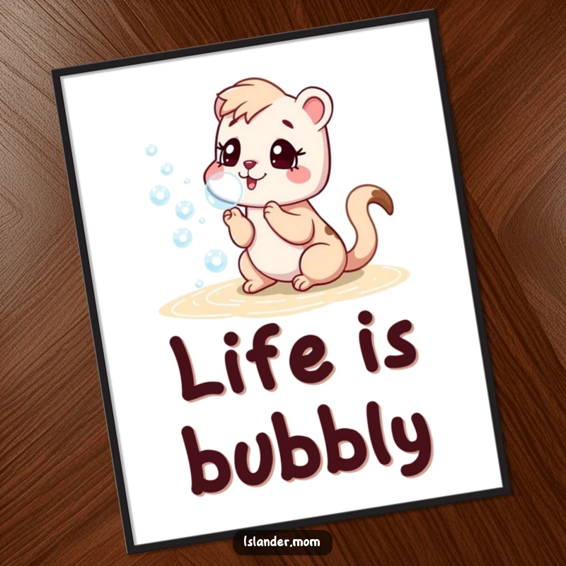 Funny digital art print of an islander mom animal playfully blowing bubbles on a beach, perfect for instant, cheerful decor.