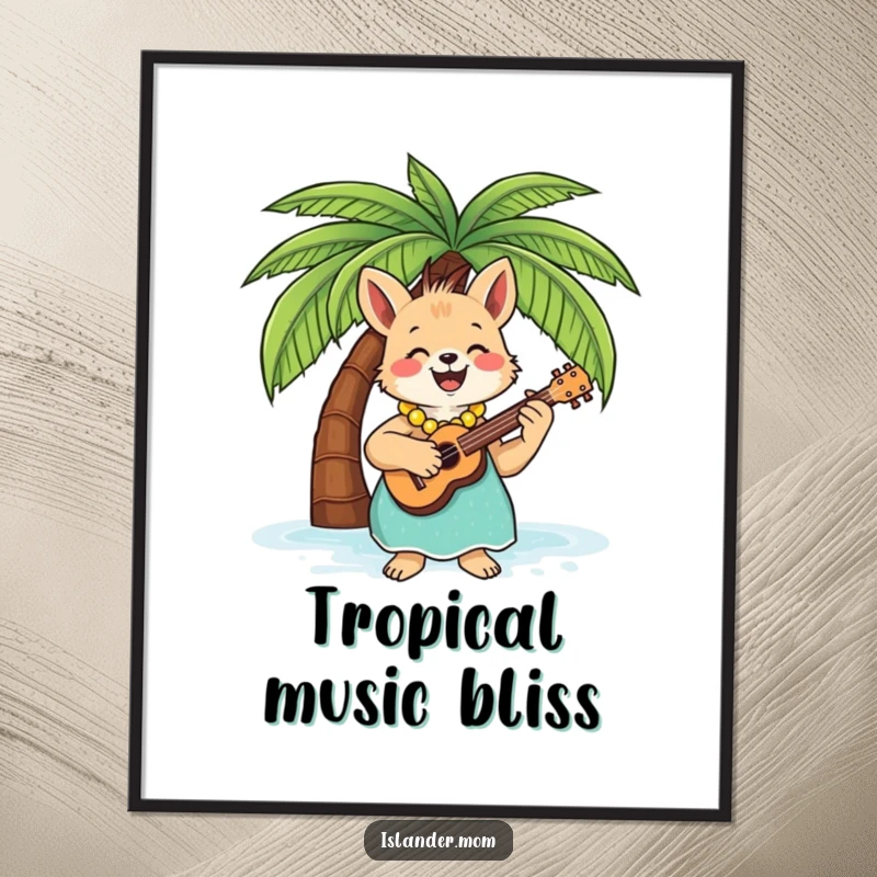 Funny Digital Art Print of an islander mom animal joyfully playing a ukulele beneath a picturesque palm tree, evoking island bliss.