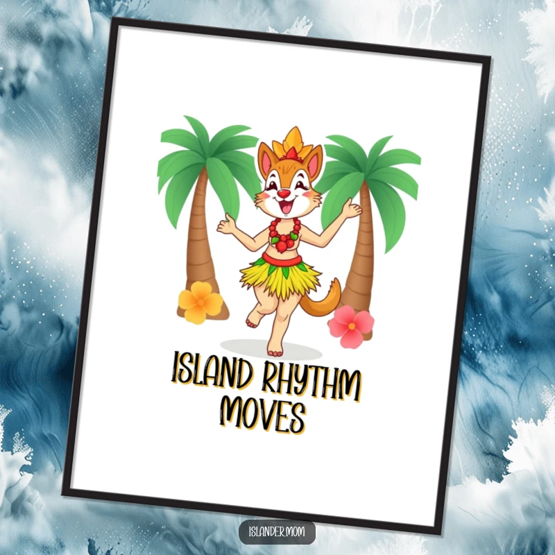 Funny Islander Mom Digital Art Print, high-quality humorous artwork of an islander mom in a grass skirt dancing with pure delight.