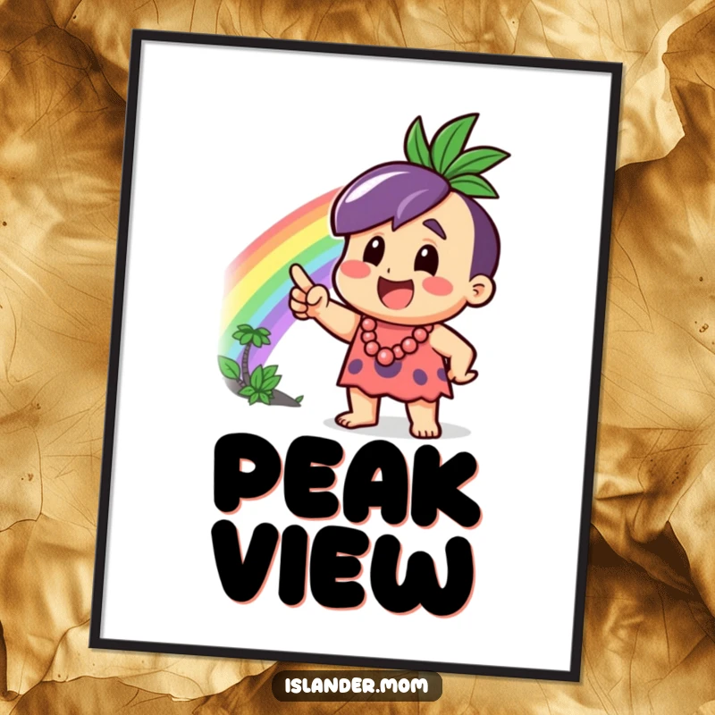 Funny Digital Artwork of an excited islander character pointing at a spectacular rainbow, perfect for vibrant and joyful home decor.