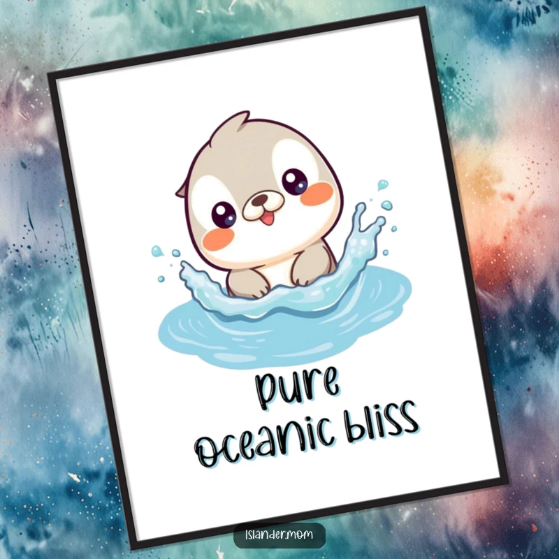 Funny digital art print of a cute kawaii islander animal joyfully splashing in clear, bright ocean waves.