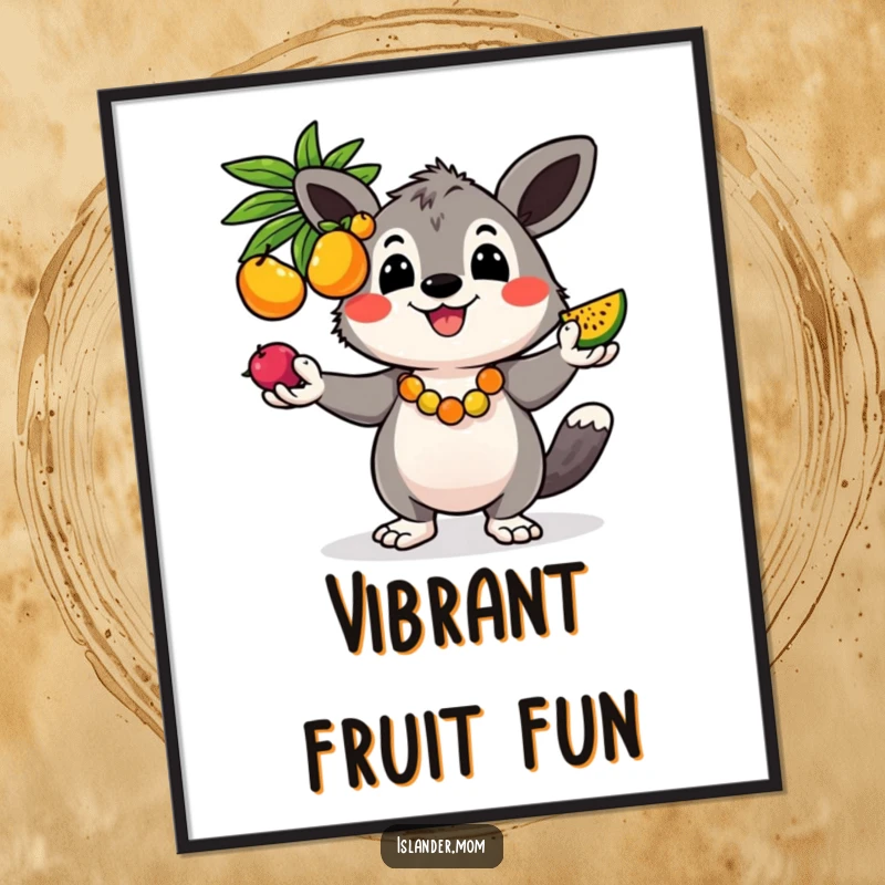 Funny digital art of a cheerful kawaii islander animal juggling colorful fruits, capturing tropical joy and humor.