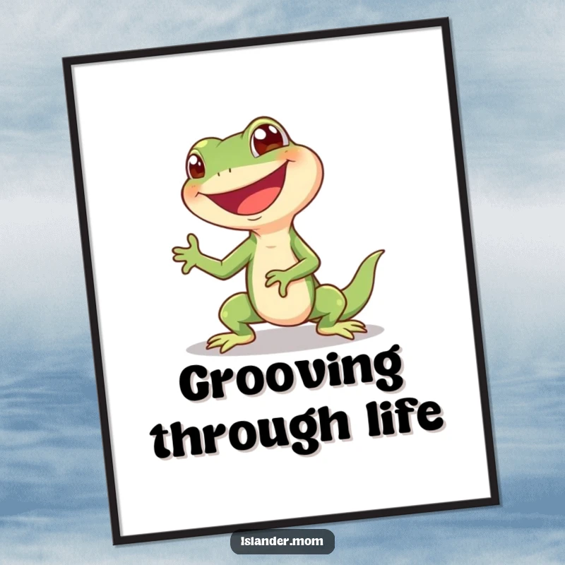 Funny Lizard Digital Art Print: A giggling lizard performs a lively shimmy with a massive happy grin, radiating pure fun.