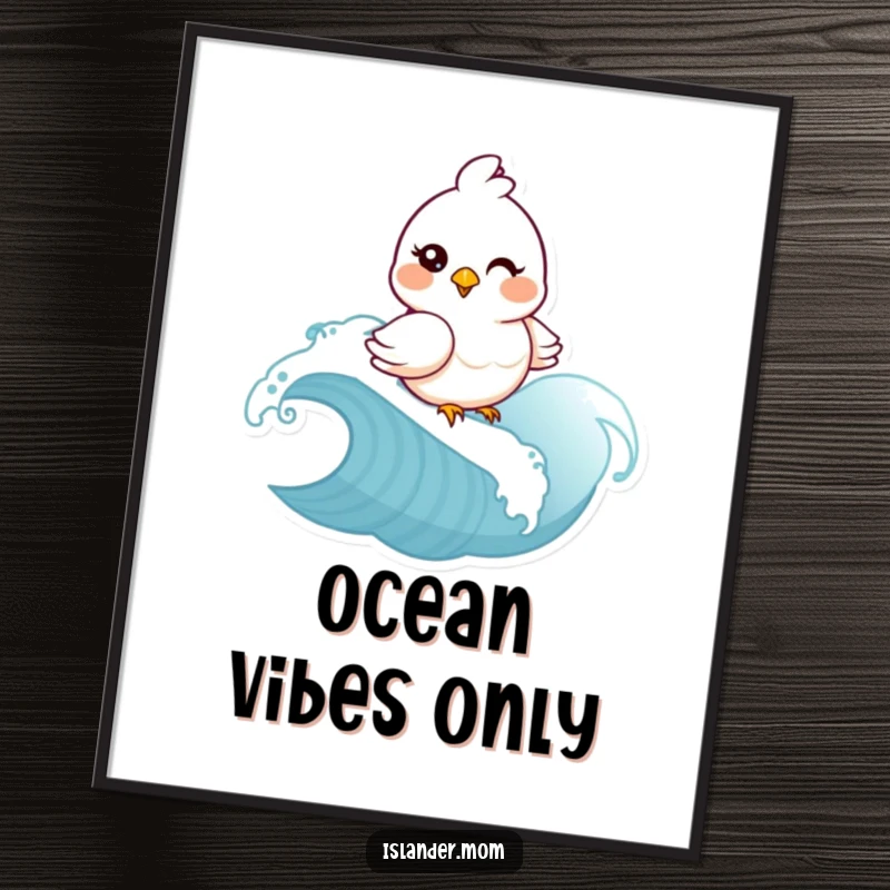 Funny mama bird winking and riding a wave as digital art. Instant download, humorous coastal decor, perfect funny gift.