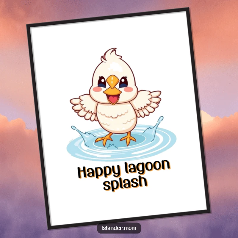 Funny Mama Bird Lagoon Splash Digital Art Print: A mama bird with a wide smile joyfully splashes water with its feet in a lagoon.